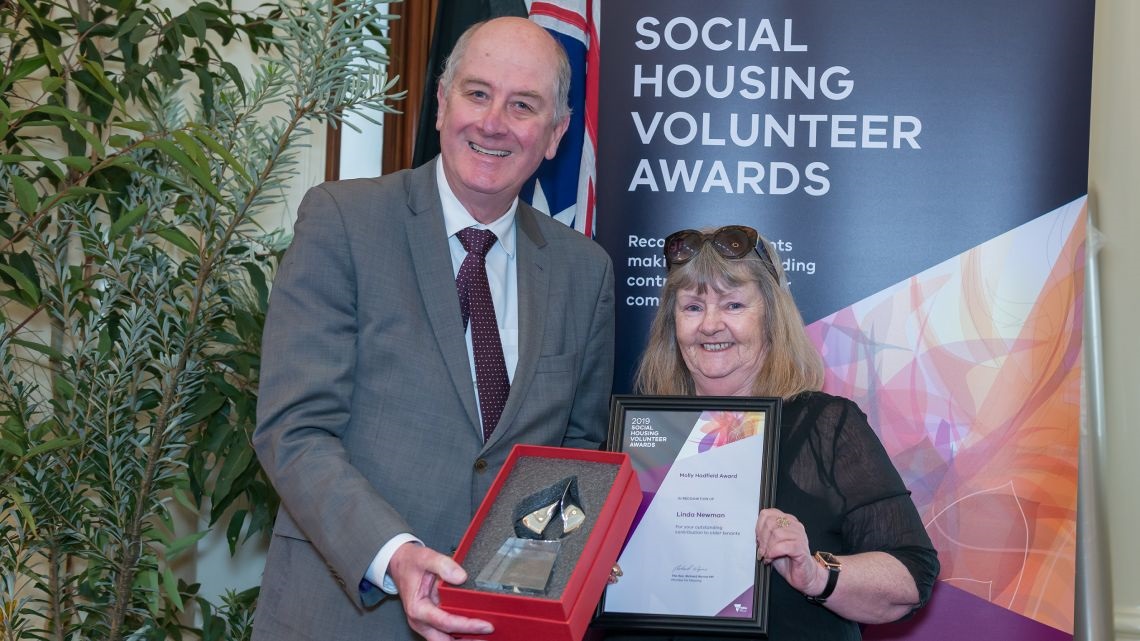 Minister for Housing Richard Wynne and Linda Newman, winner of the Molly Hadfield Award 2019